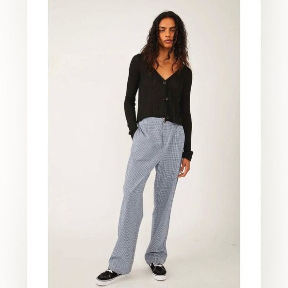 Free People NWT Kate Plaid Straight Leg Navy Size XS - Picture 1 of 13